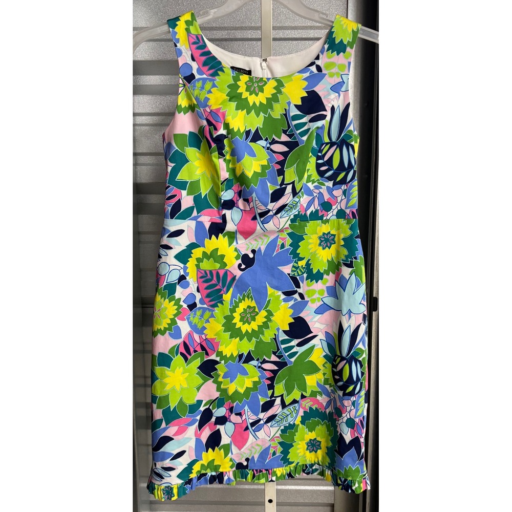 Talbots Petites Floral Ruffle Hem Sheath Dress Green Blue Pink 2P